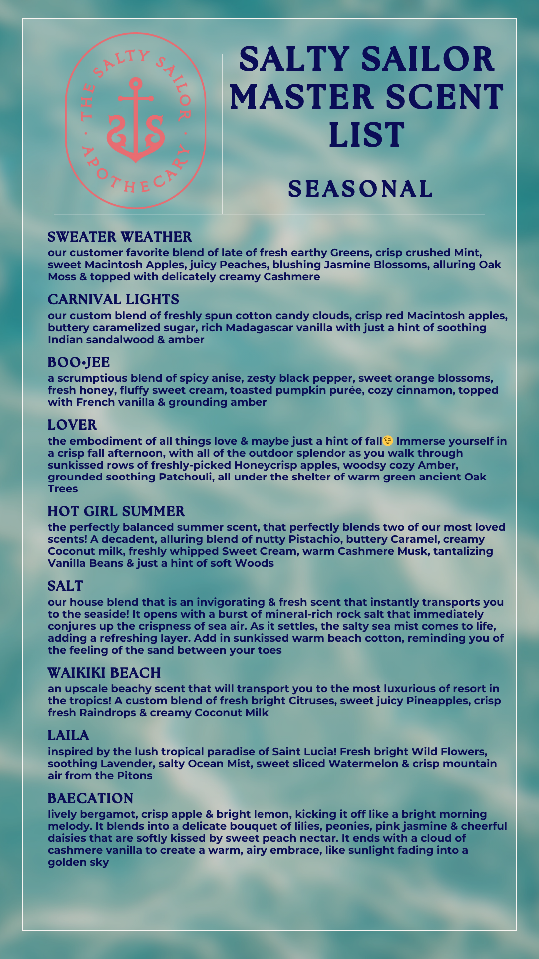 Salty Sailor Signature Scents • Master Scent List